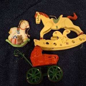 Rocking Horse And Baby Buggy Carriage Christmas Ornaments